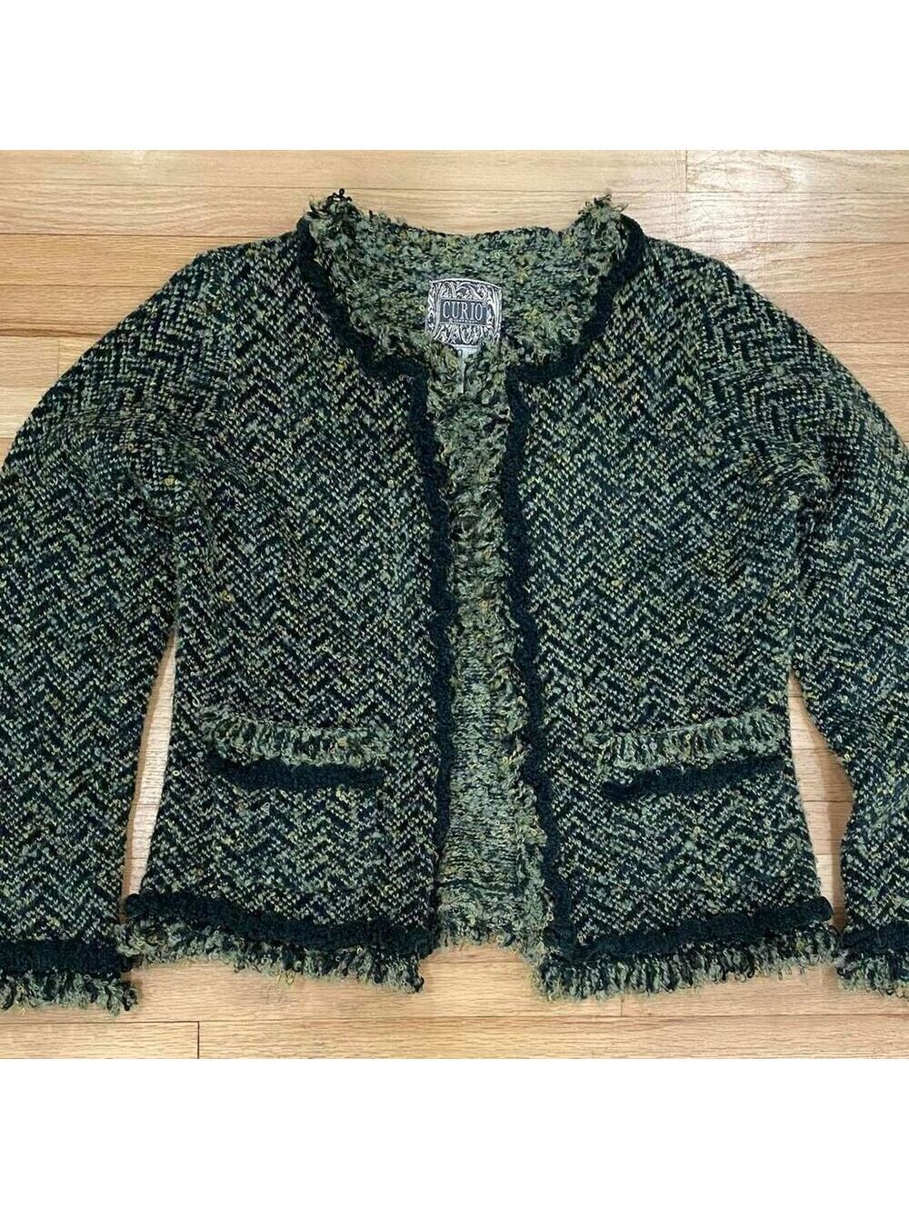 Curio boucle tweed fringed old money quiet luxury couture inspired cardigan Med